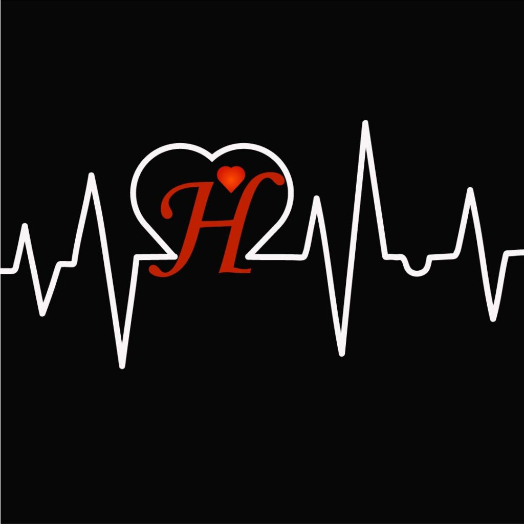 white heart line with red h letter in center of heart in heart line and one small heart on top with black background