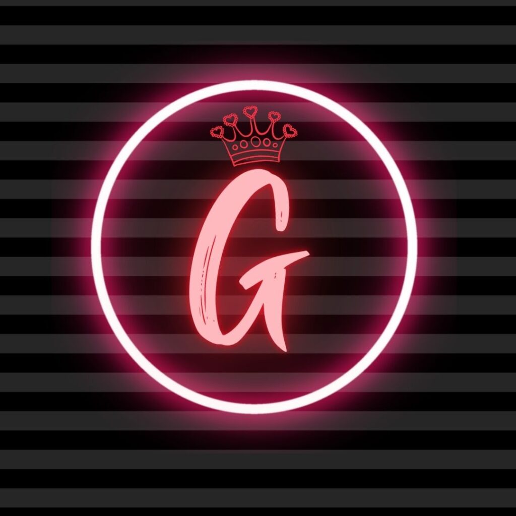 stylish g name dp with circle and letter G in neon light and king hat in red with black and light black lines